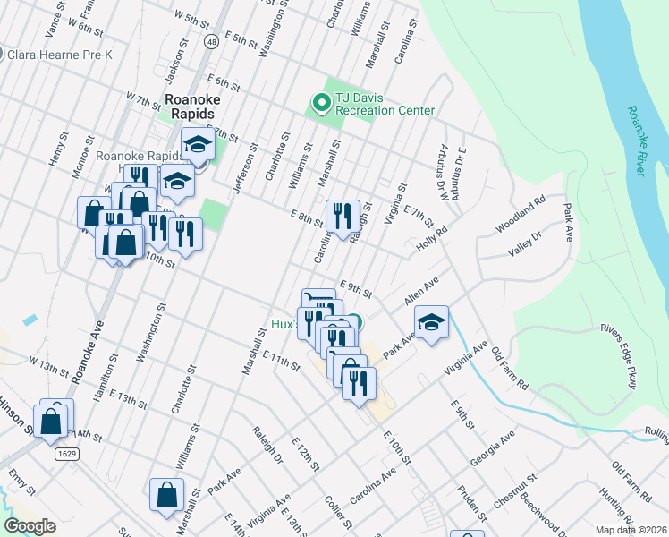 map of restaurants, bars, coffee shops, grocery stores, and more near 818 Carolina Street in Roanoke Rapids