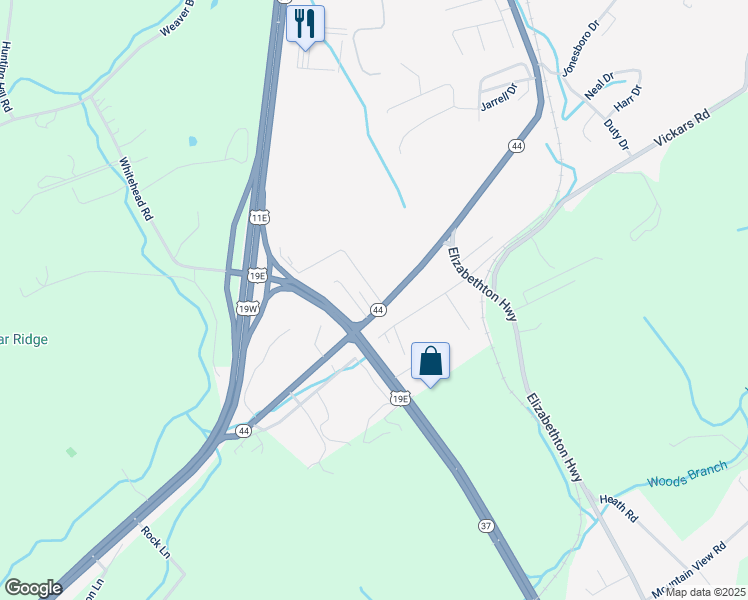map of restaurants, bars, coffee shops, grocery stores, and more near 4988 Bluff City Highway in Bluff City