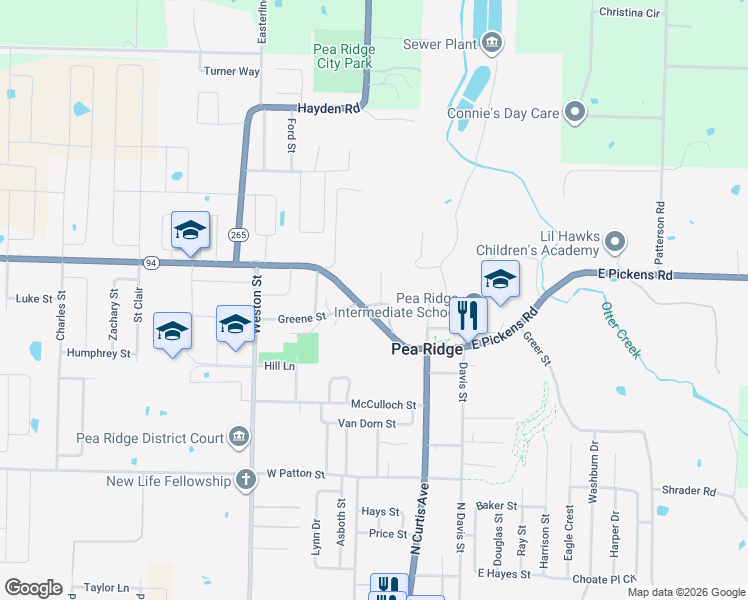 map of restaurants, bars, coffee shops, grocery stores, and more near 182 Greene Street in Pea Ridge