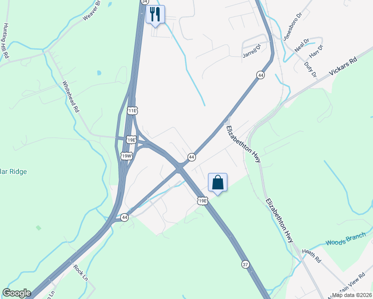 map of restaurants, bars, coffee shops, grocery stores, and more near 4988 Bluff City Highway in Bluff City