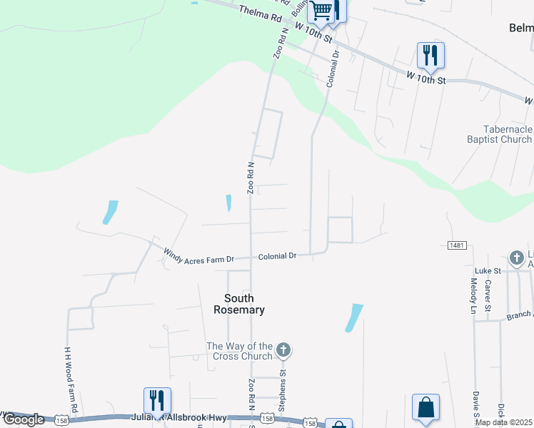 map of restaurants, bars, coffee shops, grocery stores, and more near 49 Meadowview Drive in Roanoke Rapids