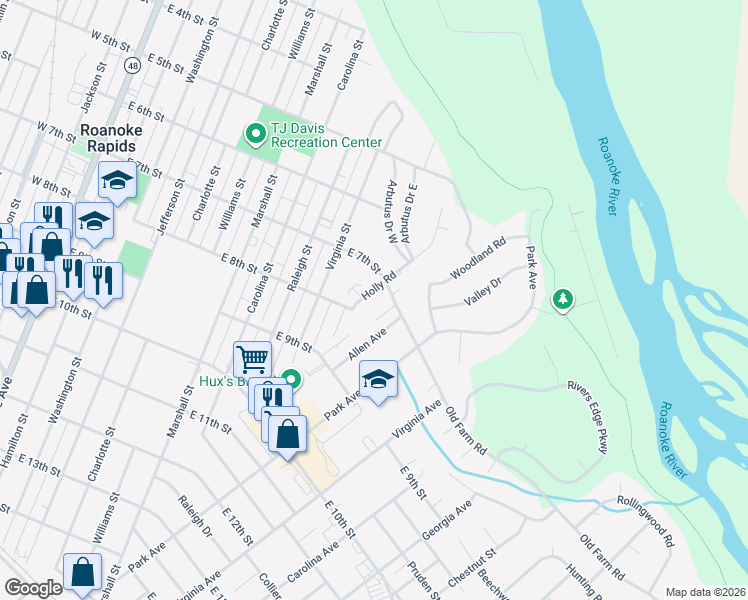 map of restaurants, bars, coffee shops, grocery stores, and more near 704 Holly Road in Roanoke Rapids