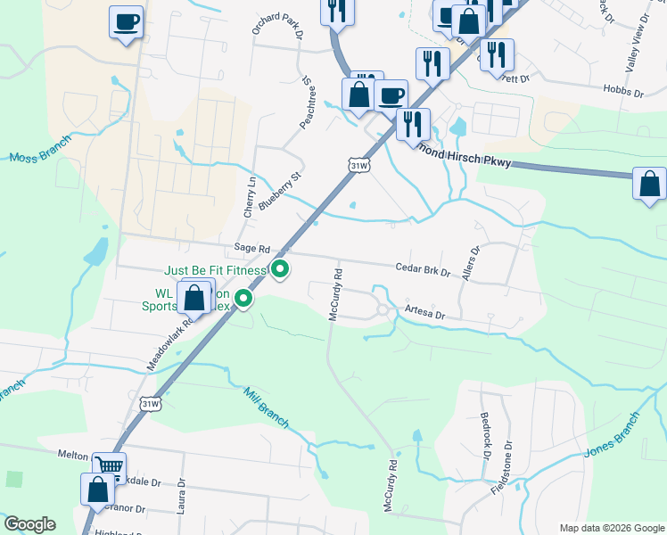 map of restaurants, bars, coffee shops, grocery stores, and more near 703 McCurdy Road in White House