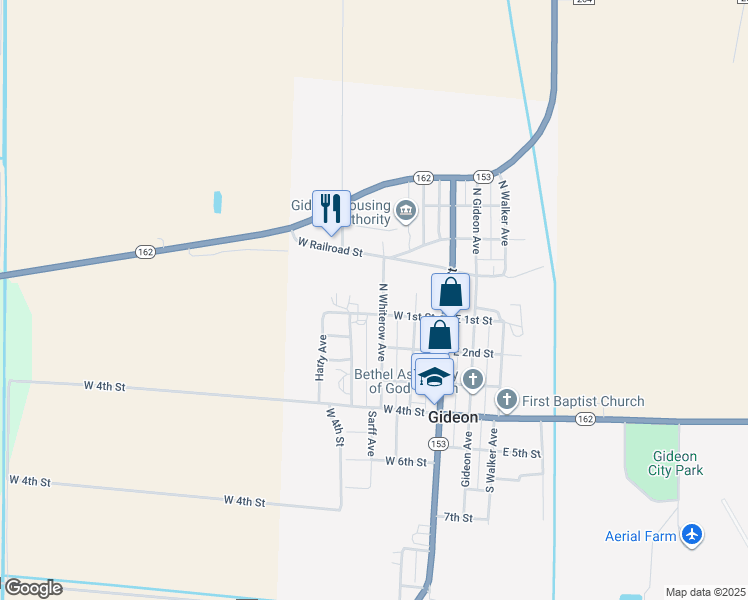 map of restaurants, bars, coffee shops, grocery stores, and more near 101-199 North Whiterow Avenue in Gideon