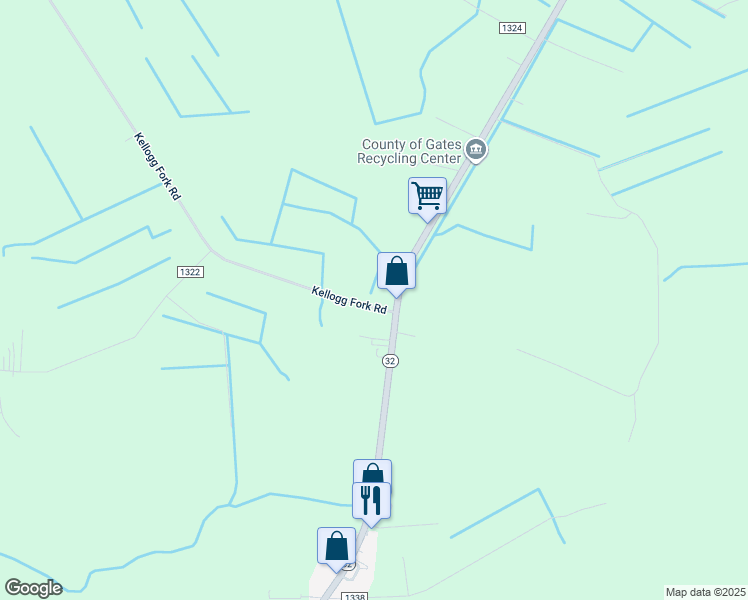 map of restaurants, bars, coffee shops, grocery stores, and more near Kellogg Fork Road in Corapeake