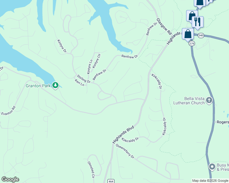 map of restaurants, bars, coffee shops, grocery stores, and more near 1-11 Stirling Drive in Bella Vista