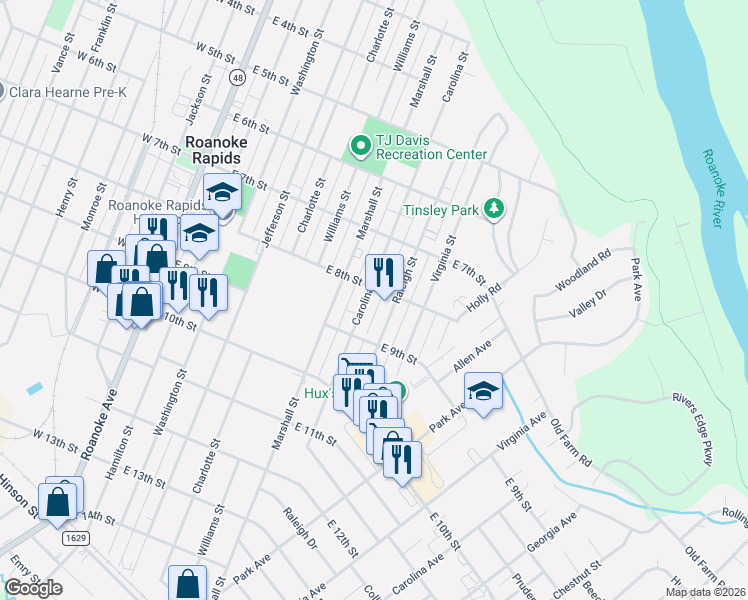 map of restaurants, bars, coffee shops, grocery stores, and more near 818 Carolina Street in Roanoke Rapids