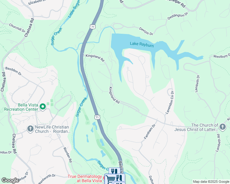 map of restaurants, bars, coffee shops, grocery stores, and more near 11 North Cerney Lane in Bella Vista