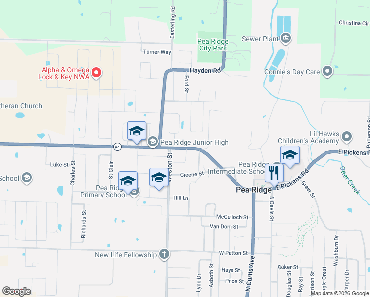 map of restaurants, bars, coffee shops, grocery stores, and more near 1615 Jones Lane in Pea Ridge