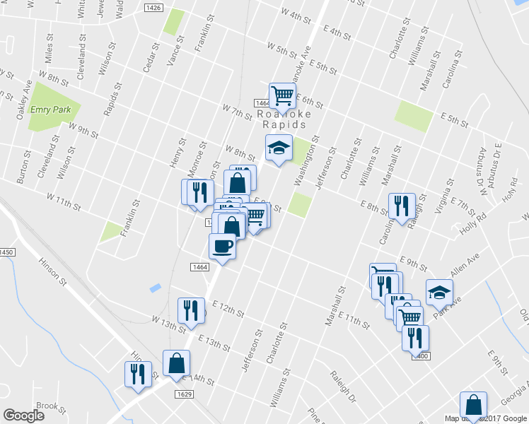 map of restaurants, bars, coffee shops, grocery stores, and more near 920 Hamilton Street in Roanoke Rapids
