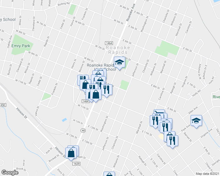 map of restaurants, bars, coffee shops, grocery stores, and more near 918 Hamilton Street in Roanoke Rapids