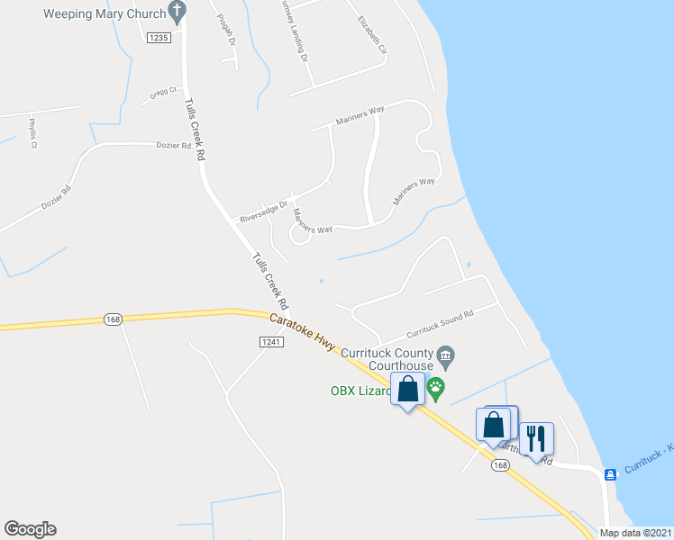 map of restaurants, bars, coffee shops, grocery stores, and more near Tulls Creek Rd in Currituck