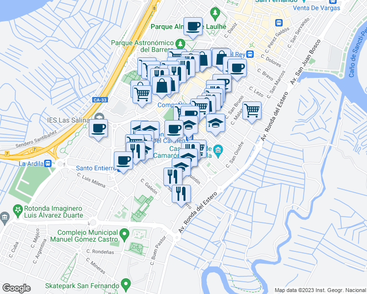 map of restaurants, bars, coffee shops, grocery stores, and more near 229 Calle Real in San Fernando