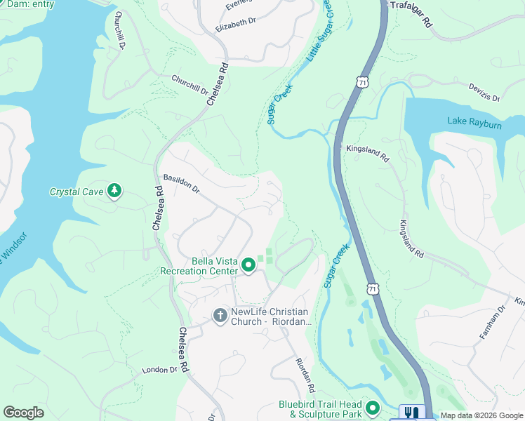 map of restaurants, bars, coffee shops, grocery stores, and more near 6 Whitwick Lane in Bella Vista