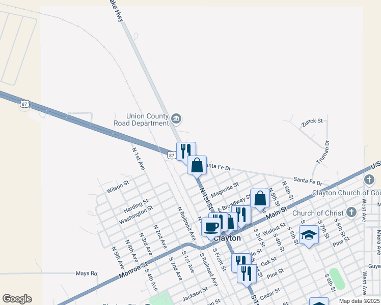 map of restaurants, bars, coffee shops, grocery stores, and more near Clayton Lake Road in Clayton