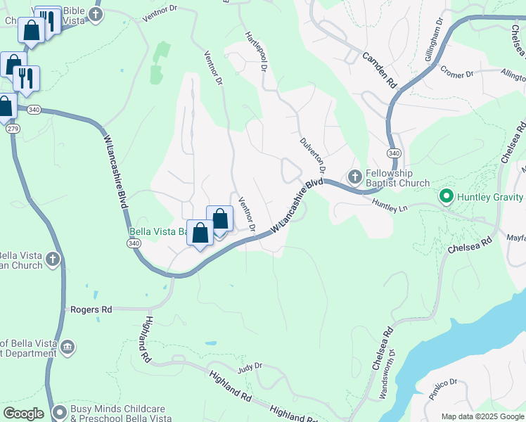 map of restaurants, bars, coffee shops, grocery stores, and more near 9 Yarmouth Dr in Bella Vista
