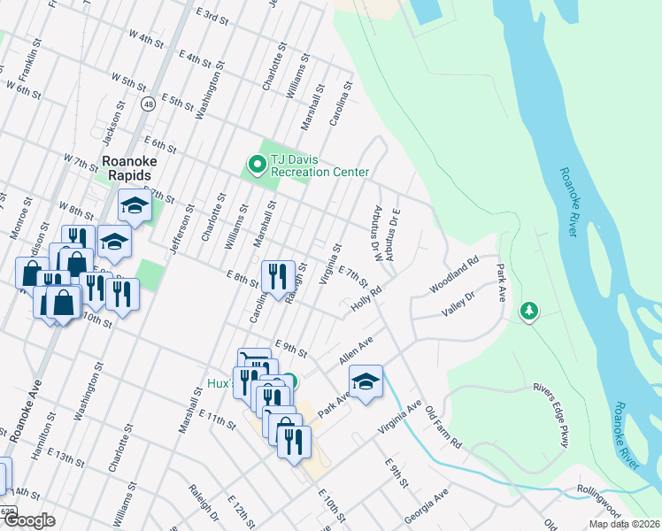 map of restaurants, bars, coffee shops, grocery stores, and more near 901 East 7th Street in Roanoke Rapids