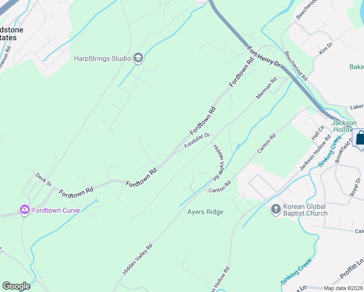 map of restaurants, bars, coffee shops, grocery stores, and more near 425 Fondulac Drive in Kingsport