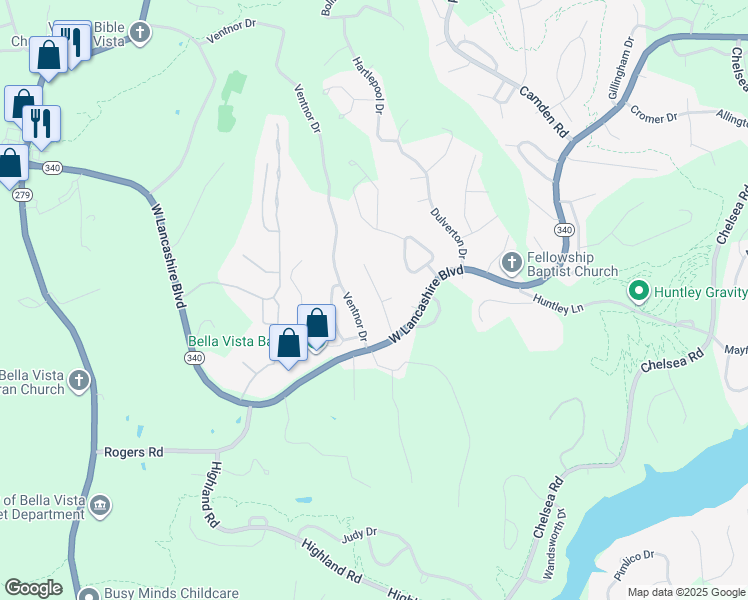 map of restaurants, bars, coffee shops, grocery stores, and more near 9 Yarmouth Drive in Bella Vista