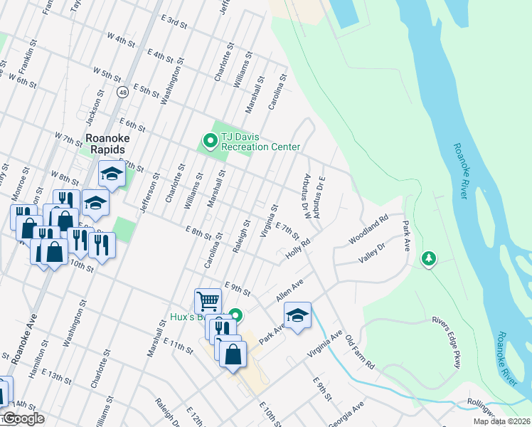 map of restaurants, bars, coffee shops, grocery stores, and more near 901 East 7th Street in Roanoke Rapids