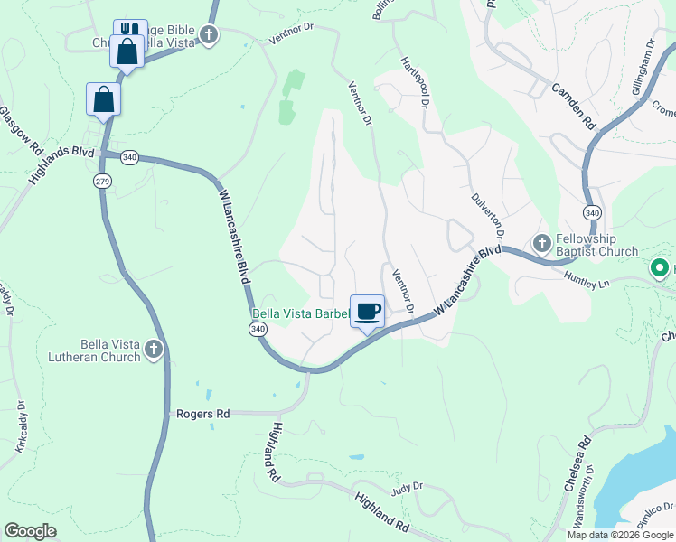 map of restaurants, bars, coffee shops, grocery stores, and more near 5 Brighton Lane in Bella Vista