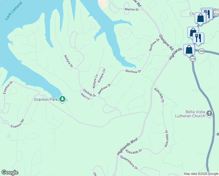 map of restaurants, bars, coffee shops, grocery stores, and more near 50 Renfrew Drive in Bella Vista