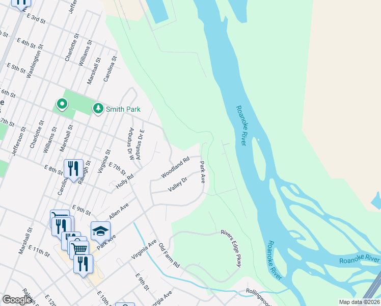 map of restaurants, bars, coffee shops, grocery stores, and more near 307 Park Avenue in Roanoke Rapids