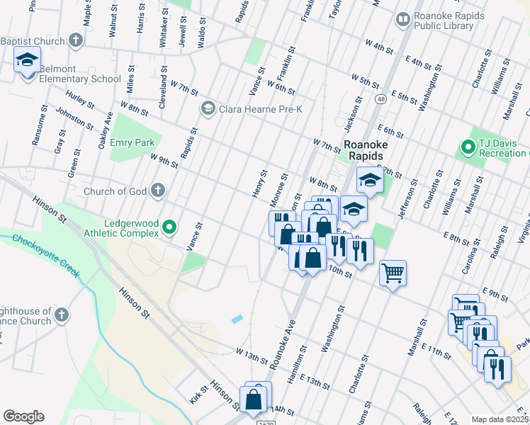 map of restaurants, bars, coffee shops, grocery stores, and more near 903 Monroe Street in Roanoke Rapids