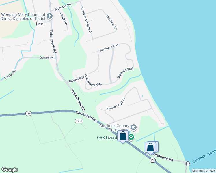 map of restaurants, bars, coffee shops, grocery stores, and more near 121 Mariners Way in Currituck