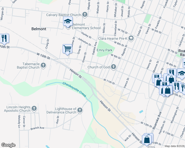 map of restaurants, bars, coffee shops, grocery stores, and more near 1033 Burton Street in Roanoke Rapids