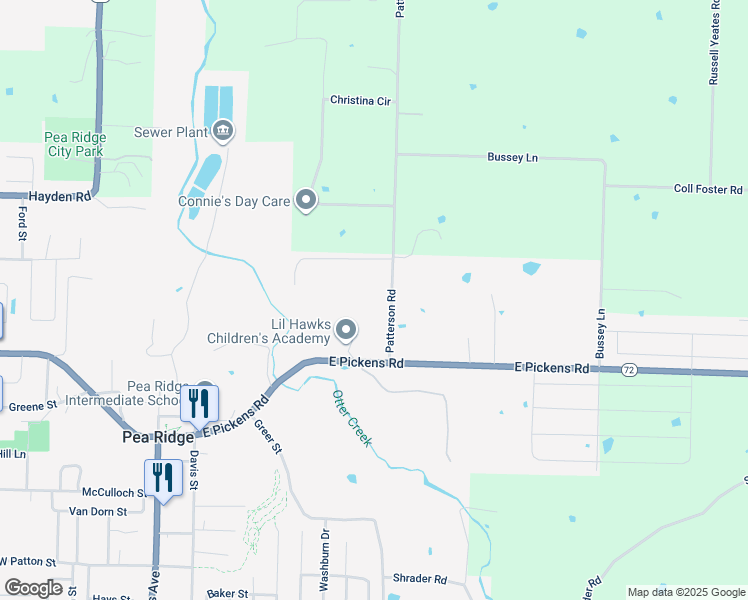 map of restaurants, bars, coffee shops, grocery stores, and more near 1875 Patterson Road in Pea Ridge