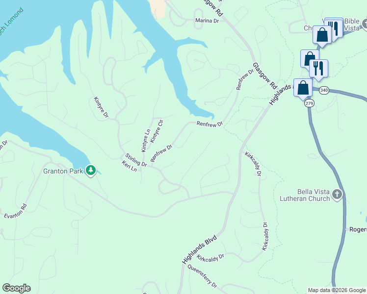 map of restaurants, bars, coffee shops, grocery stores, and more near 12 Renfrew Lane in Bella Vista