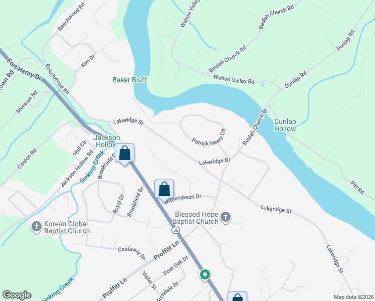 map of restaurants, bars, coffee shops, grocery stores, and more near 385 Lakeridge Street in Kingsport