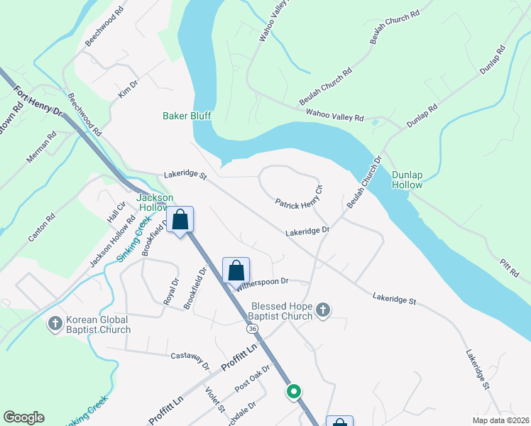 map of restaurants, bars, coffee shops, grocery stores, and more near 385 Lakeridge Street in Kingsport