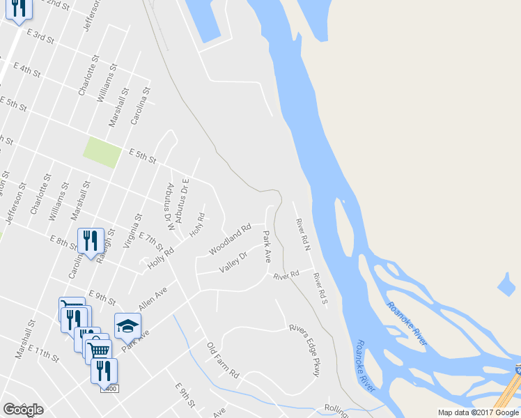 map of restaurants, bars, coffee shops, grocery stores, and more near 307 Park Avenue in Roanoke Rapids