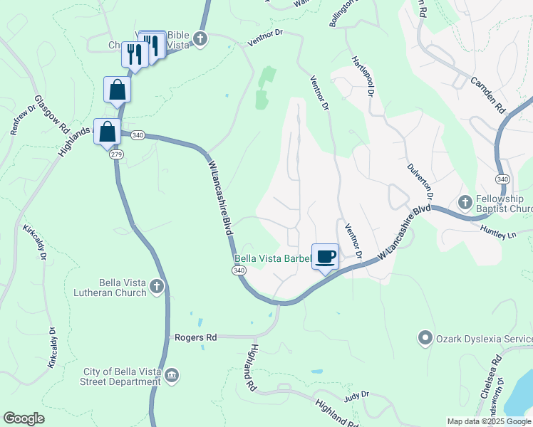 map of restaurants, bars, coffee shops, grocery stores, and more near 5 Highland Parkway in Bella Vista
