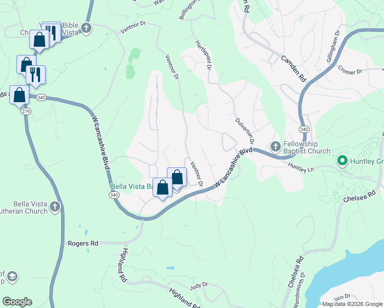 map of restaurants, bars, coffee shops, grocery stores, and more near 24 Ventnor Drive in Bella Vista