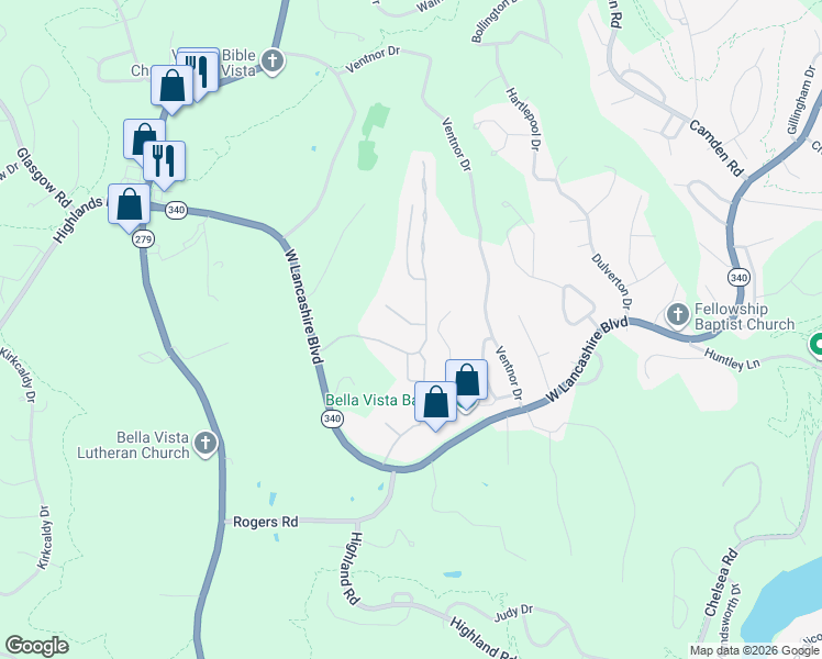 map of restaurants, bars, coffee shops, grocery stores, and more near 5 Brighton Lane in Bella Vista