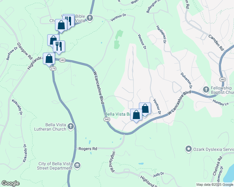 map of restaurants, bars, coffee shops, grocery stores, and more near 5 Highland Parkway in Bella Vista