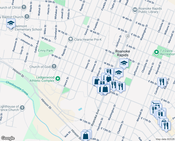 map of restaurants, bars, coffee shops, grocery stores, and more near 900-918 Henry Street in Roanoke Rapids