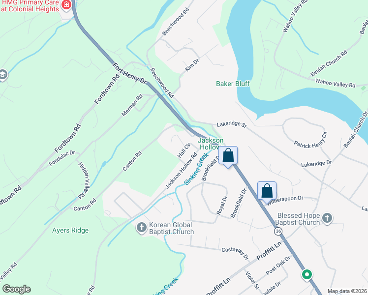 map of restaurants, bars, coffee shops, grocery stores, and more near 3224 Hall Circle in Kingsport