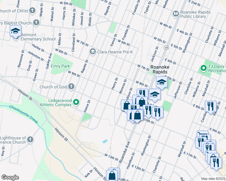 map of restaurants, bars, coffee shops, grocery stores, and more near 900 Henry Street in Roanoke Rapids
