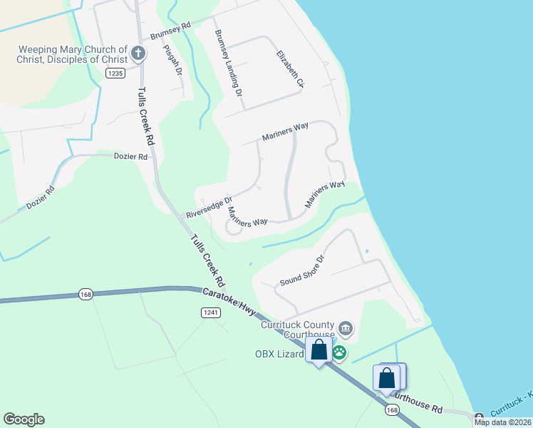 map of restaurants, bars, coffee shops, grocery stores, and more near 121 Mariners Way in Currituck
