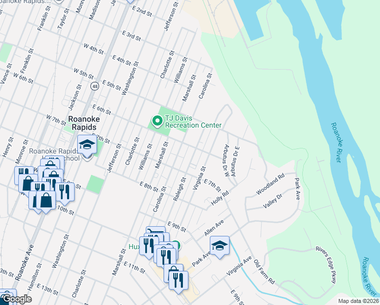 map of restaurants, bars, coffee shops, grocery stores, and more near 644 Raleigh St in Roanoke Rapids