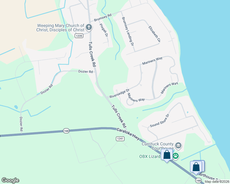 map of restaurants, bars, coffee shops, grocery stores, and more near Riversedge Dr in Currituck