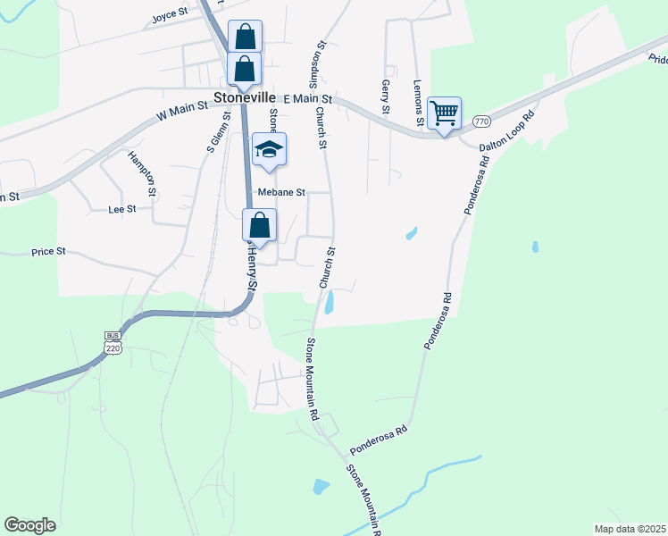 map of restaurants, bars, coffee shops, grocery stores, and more near 301 Church Street in Stoneville