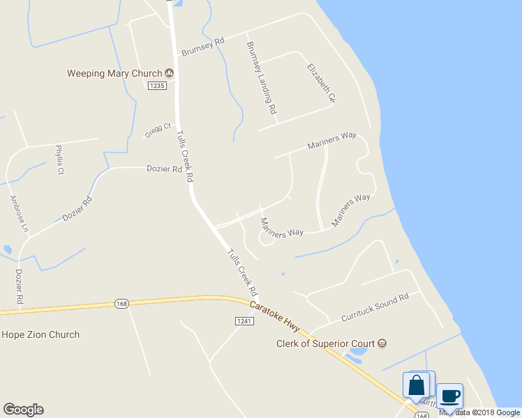 map of restaurants, bars, coffee shops, grocery stores, and more near Riversedge Dr in Currituck