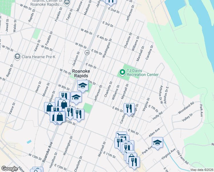 map of restaurants, bars, coffee shops, grocery stores, and more near 630 Jefferson St in Roanoke Rapids
