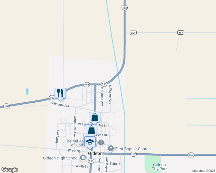 map of restaurants, bars, coffee shops, grocery stores, and more near 262-298 Highway 153 in Gideon