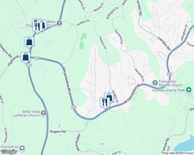 map of restaurants, bars, coffee shops, grocery stores, and more near 55 Ventnor Drive in Bella Vista